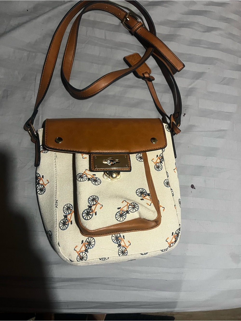 Canvas Crossbody Bag with Bicycle Print and Tan Trim